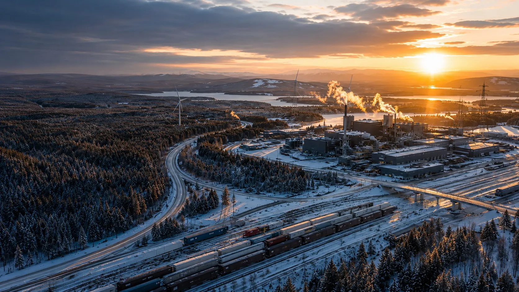 Snow-covered Nordic industrial area with a rail yard and factory buildings at sunset